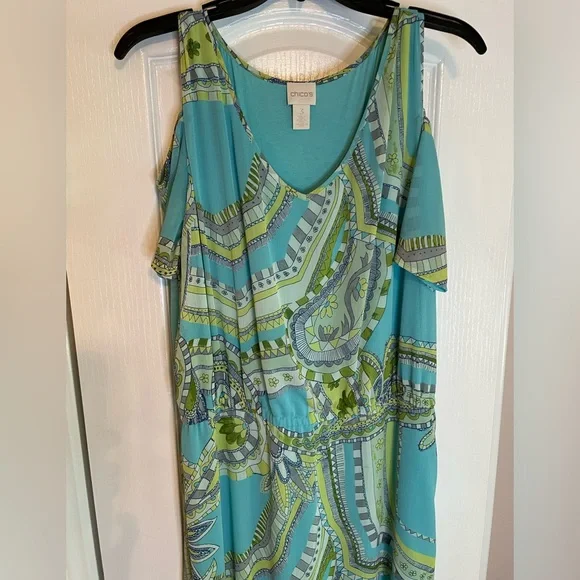 👗Chico’s Sienna Paisley Maxi Dress. Cold shoulder style. Aqua & Green Paisley👗 - Picture 10 of 12